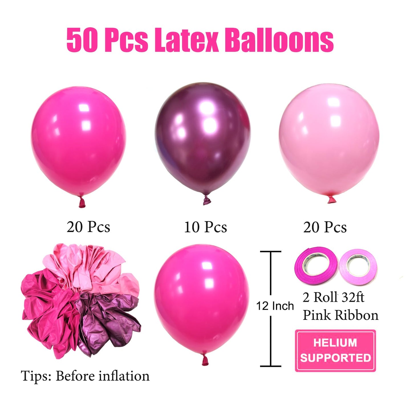 Pink Balloons Metallic Pink Balloon, 50Pcs 12Inch Hot Pink Chrome Pink Latex Balloons Light Pink Balloon and Dark Magenta Pink Balloons for Birthday,Baby Shower,Princess Theme Party Decorations
