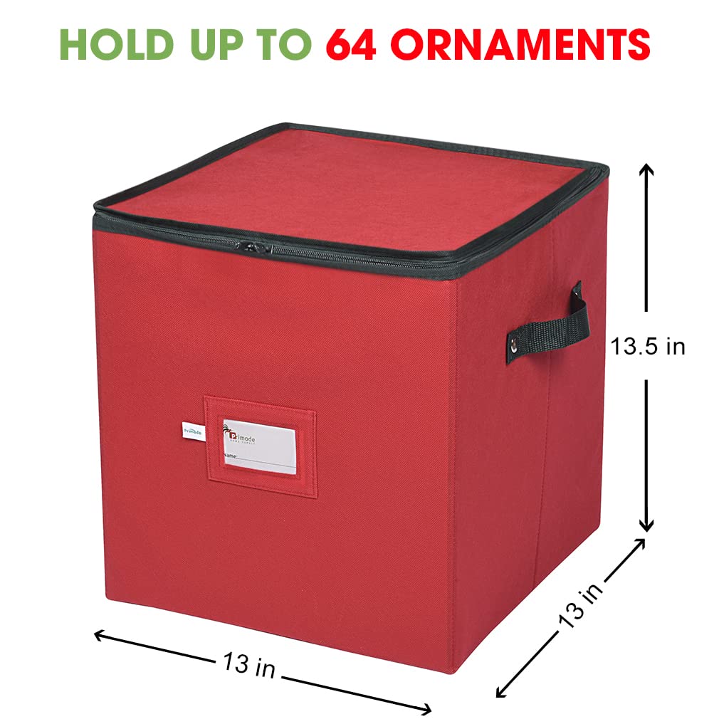 Primode Christmas Ornament Storage Box, 4 Individual Trays Xmas Storage Container, Fits 64 Ornaments Decoration Balls, Constructed of Durable Polyester Material (Red)