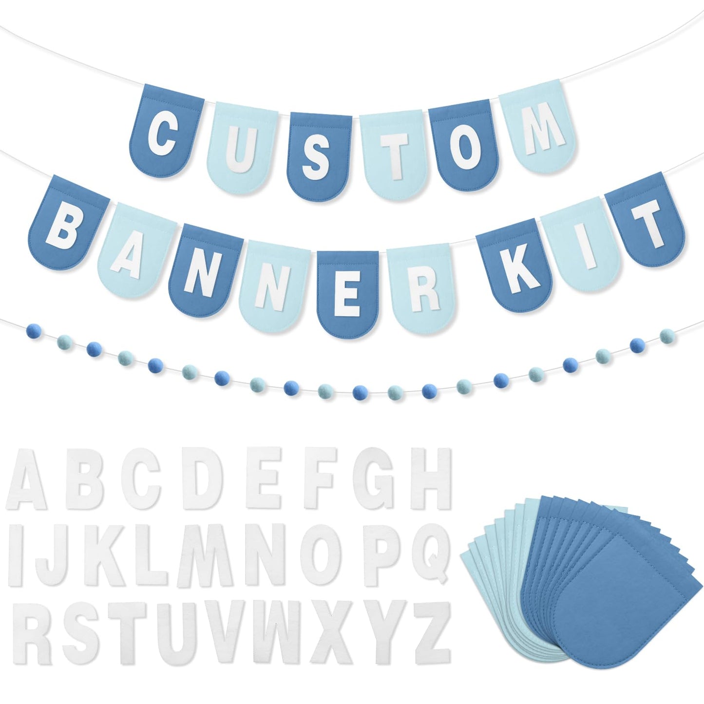 Hahafelt 125 Pcs Make Your Own Banner Kit Personalized Handmade Name Scallop Felt Banner for Baby Nurseries Kids Rooms Decor, Custom Banners for Birthday Wedding Baby Shower(Blue)