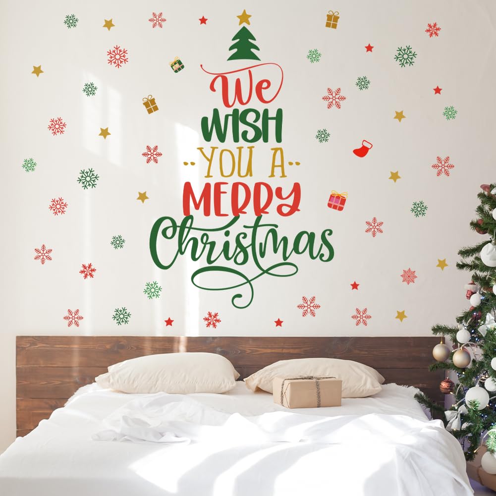 Christmas Tree Wall Decals Merry Christmas Quotes Wall Stickers Xmas Tree Snowflake Wallpaper Christmas Decorations Peel and Stick Removable Vinyl Wall Art for Bedroom