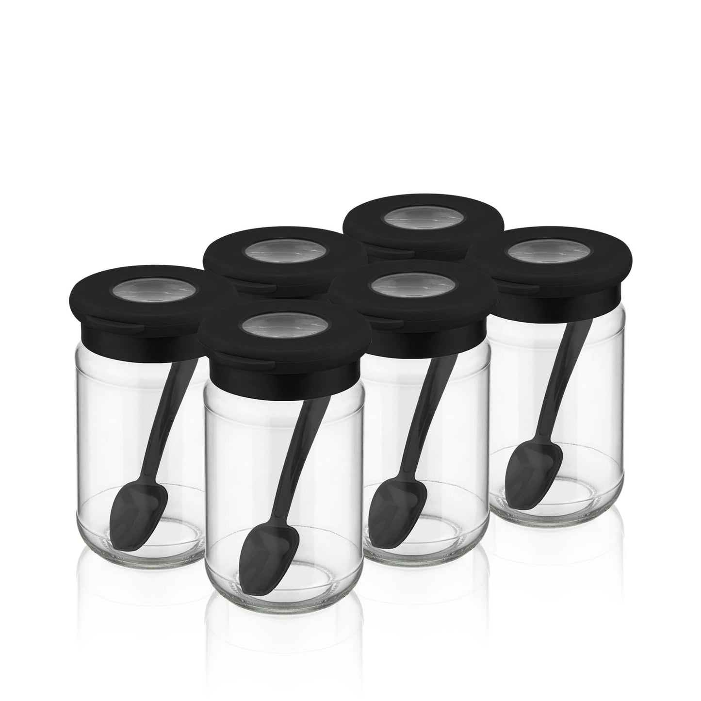 Cev Home Essentials 6-Piece Glass Spice Jar Set with Airtight Lids and Spoons – 380ml (12.8oz) Clear Storage Jars with Transparent Lid Window, Perfect for Storing Spices, Herbs, and Seasonings – Black