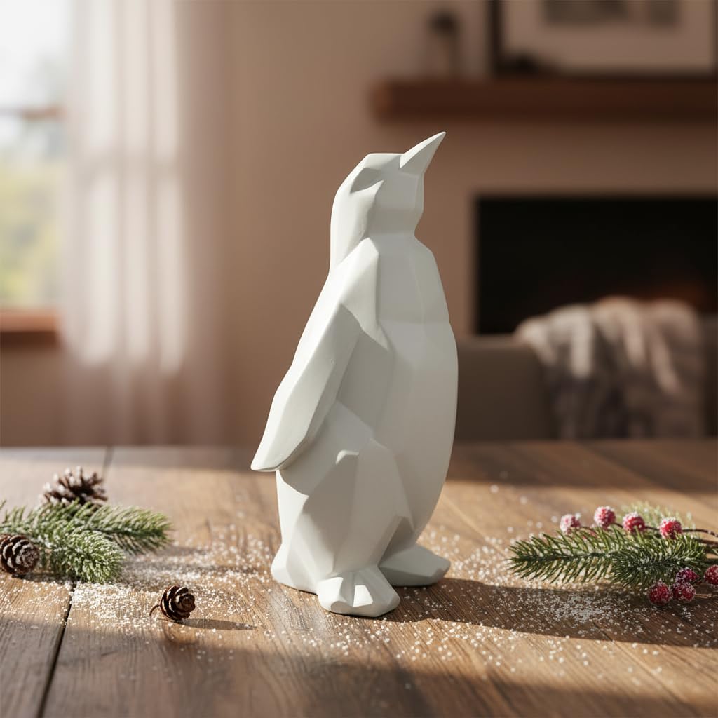 Comfy Hour 7" Modern Penguin Figurine, Scandinavian Animal Decor, Minimalist Geometric Statue for Home Office, White Polyresin Artisan Crafted Sculpture, 1 Unit
