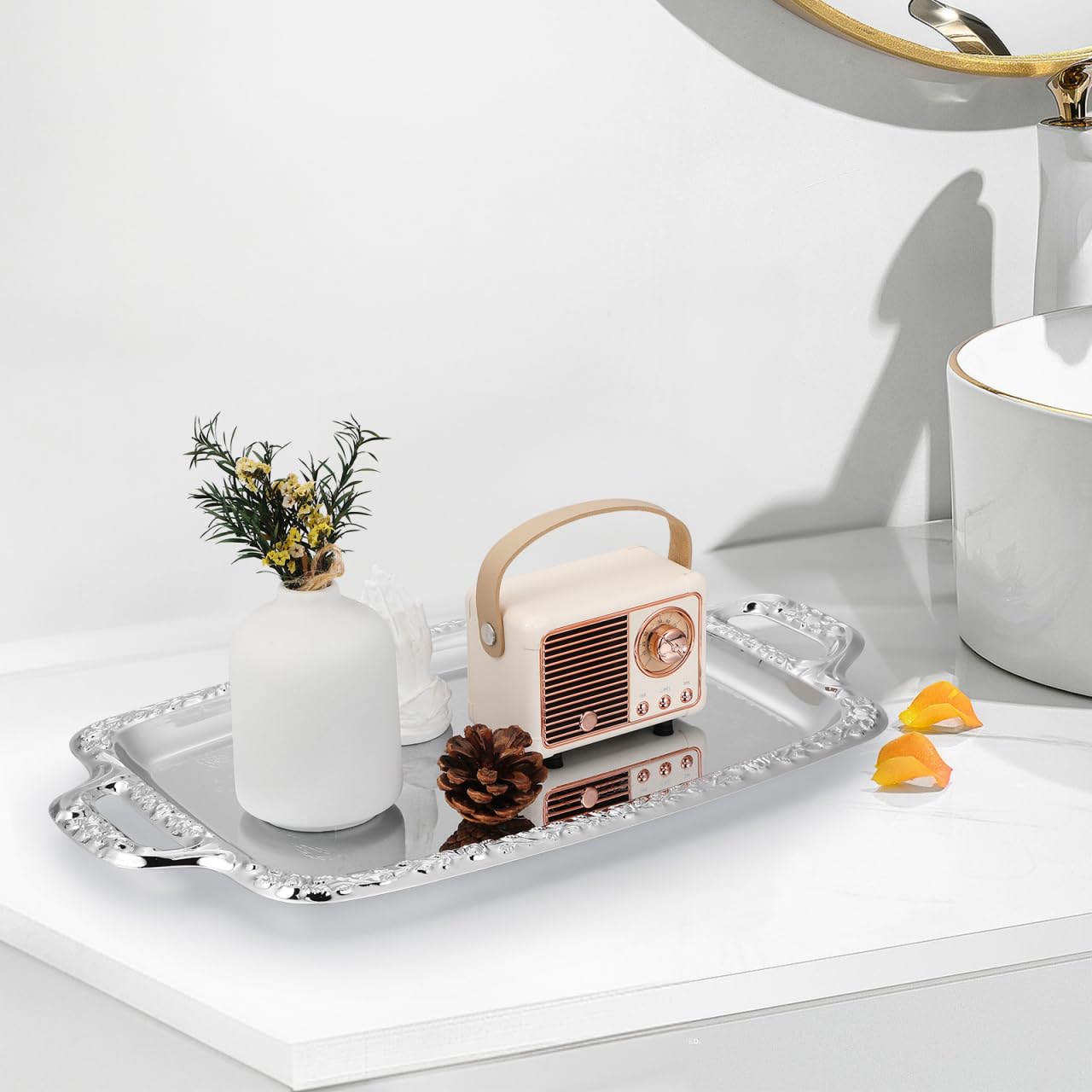 STOBAZA Silver Serving Tray, Metal Coffee Table Ottoman Tray with Handles, Rectangle Butler Plate for Breakfast in Bed, Table Decor - 15.3X9X0.67inch