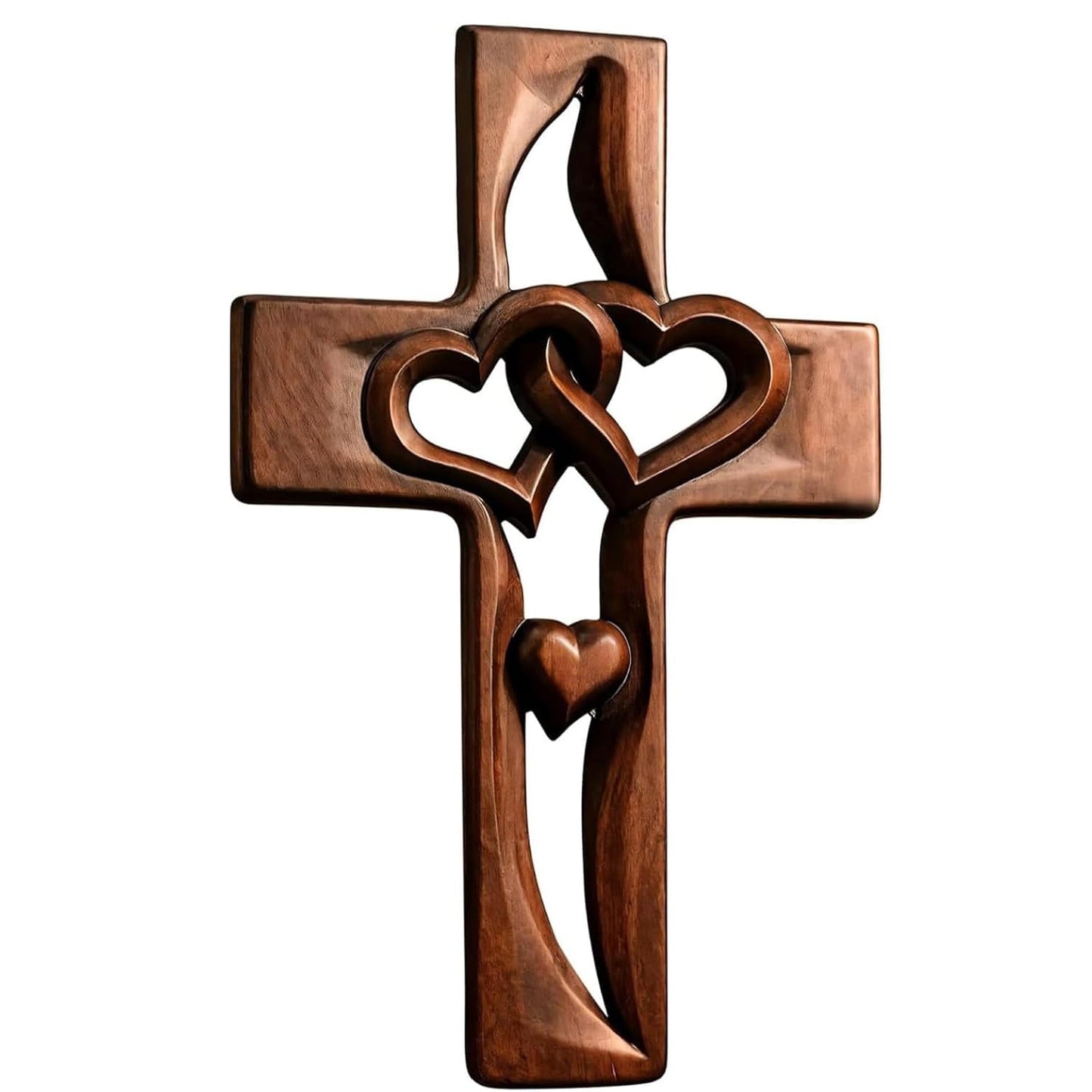 Hand-Carved Intertwined Hearts 9.84 inches Wooden Wall Cross for Wall Sacred, Mothers Day Gifts for Mom ,Handmade Hanging Cross Heart-Shaped Decoration Marriage Wedding Valentine Wood Decorative Gift