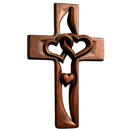 Hand-Carved Intertwined Hearts 9.84 inches Wooden Wall Cross for Wall Sacred, Mothers Day Gifts for Mom ,Handmade Hanging Cross Heart-Shaped Decoration Marriage Wedding Valentine Wood Decorative Gift