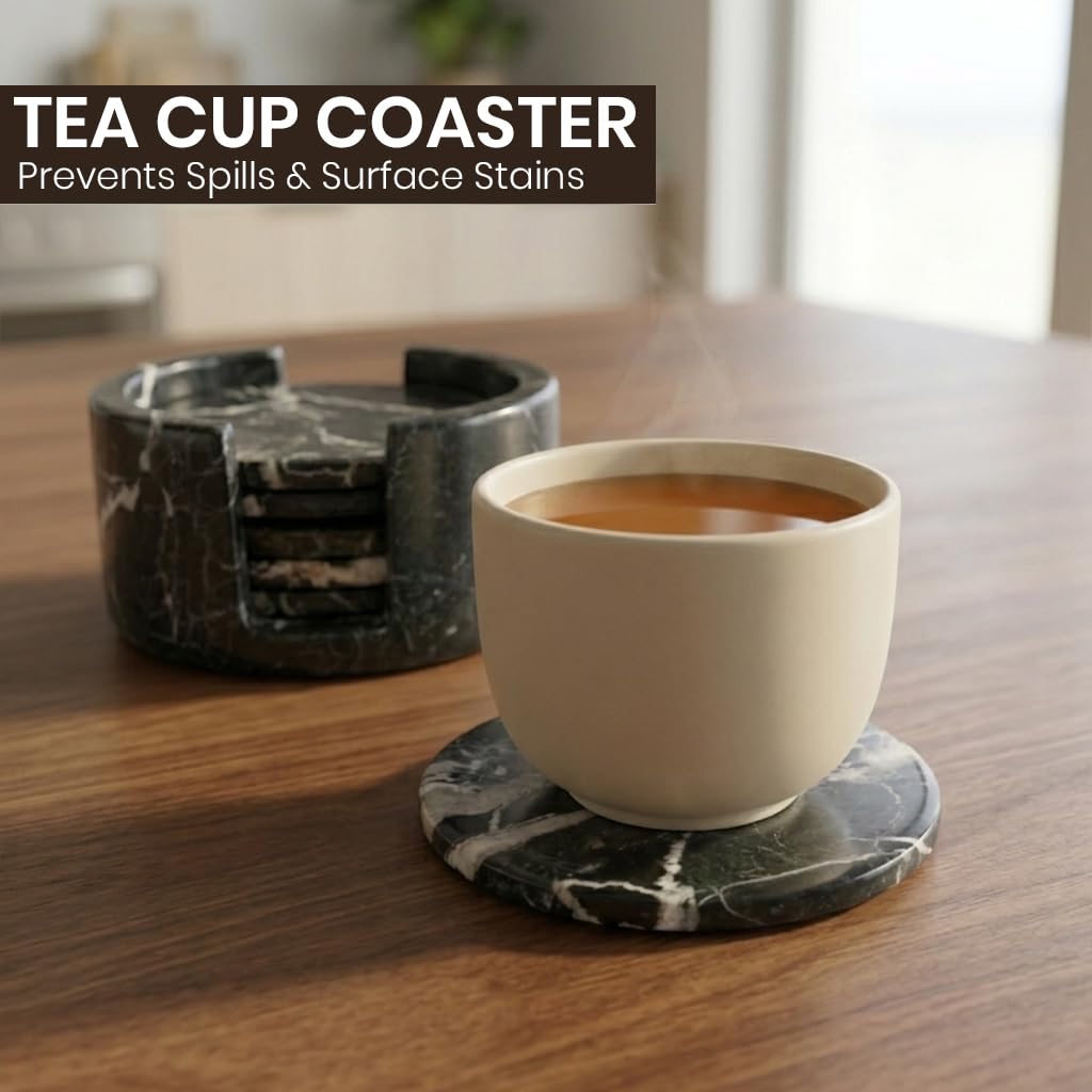 Marble Coasters Set of 6 with Holder, 3.5 Inch Round Drink Coasters for Tabletop and Coffee Table Decor (Black Zebra)