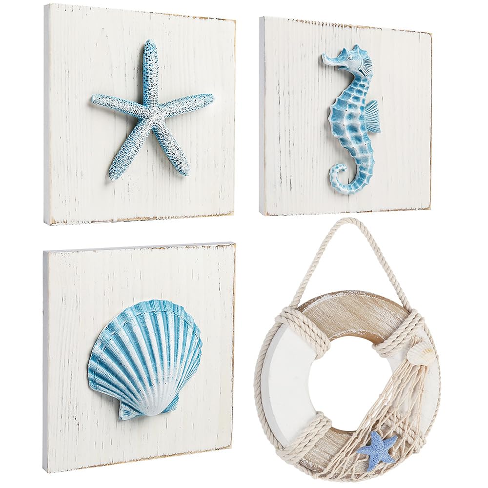 LotFancy Beach Wall Décor, 4 Pack, 3D Seashell, Starfish, Seahorse and Lifesaver Buoy Decorations on Wood Board, Rustic Ocean Coastal Themed Wall Art for Bathroom, Living Room, Bedroom (6“ x 6“)