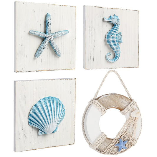 LotFancy Beach Wall Décor, 4 Pack, 3D Seashell, Starfish, Seahorse and Lifesaver Buoy Decorations on Wood Board, Rustic Ocean Coastal Themed Wall Art for Bathroom, Living Room, Bedroom (6“ x 6“)