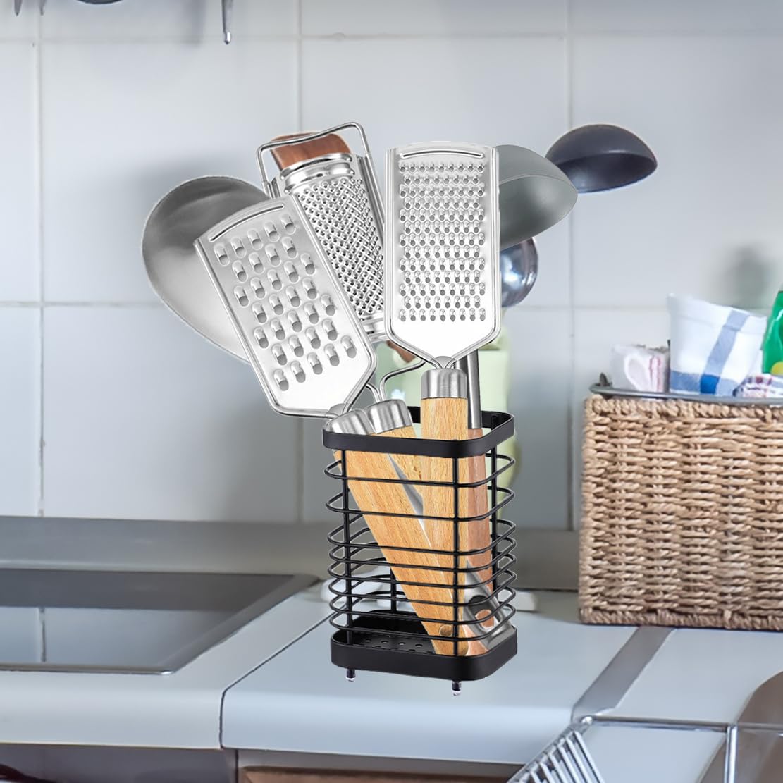 KEINEUX Utensil Holder Kitchen Countertop Organizer, Cutlery Drainer Sink Caddy Storage Drying Rack for Silverware Flatware and Cookware Stainless Steel(Black-L)