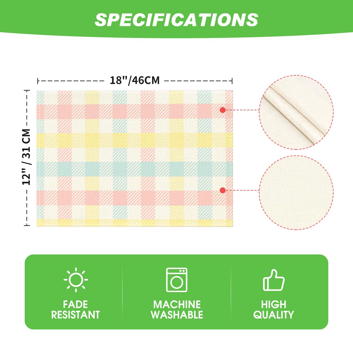 Artoid Mode Blue Pink Yellow Buffalo Plaid Placemats Set of 4, 12x18 Inch Seasonal Easter Table Mats for Party Kitchen Dining Decoration