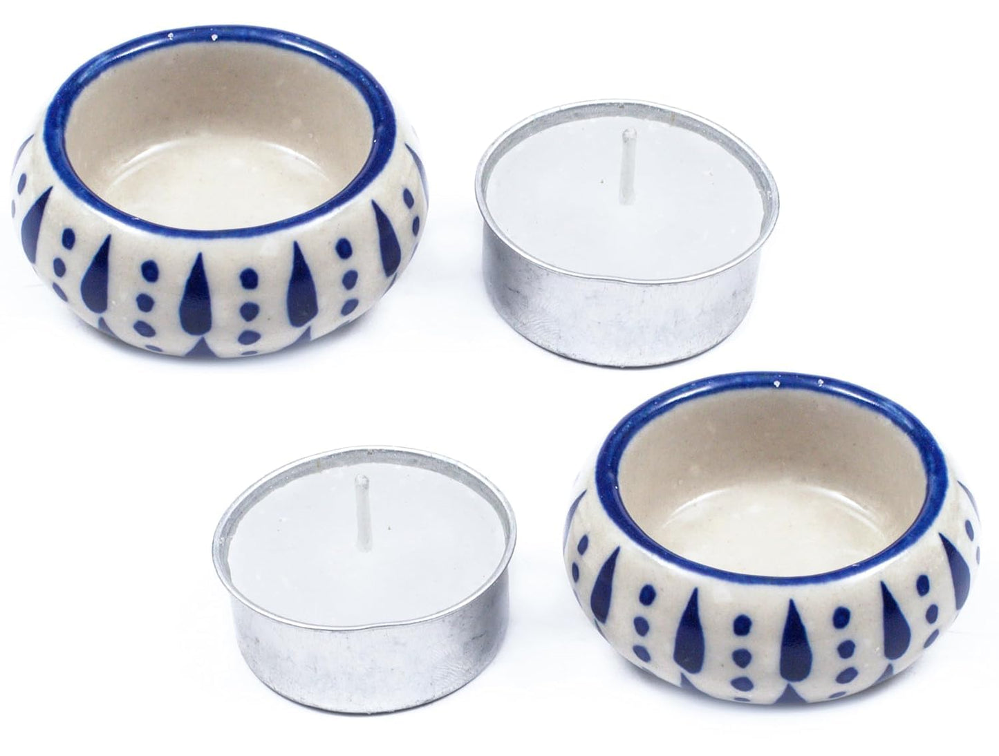 Ceramic Tealight Holder Set of 6 - Hand-Painted Candle Holders with Wax Tealights - Decorative Votive for Home, Party, Wedding, Festive & Gift Décor (White Blue) - ALPHA Living HOME