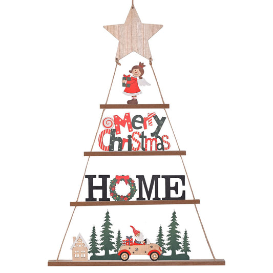 Christmas Wall Decor, IDATOO Wooden Hanging Christmas Decorations with 4 Tiers, Tiered Xmas Tree Ornament with Welcome Home Sign for Personalized Decor Xmas Tree Window Door Outdoor Indoor