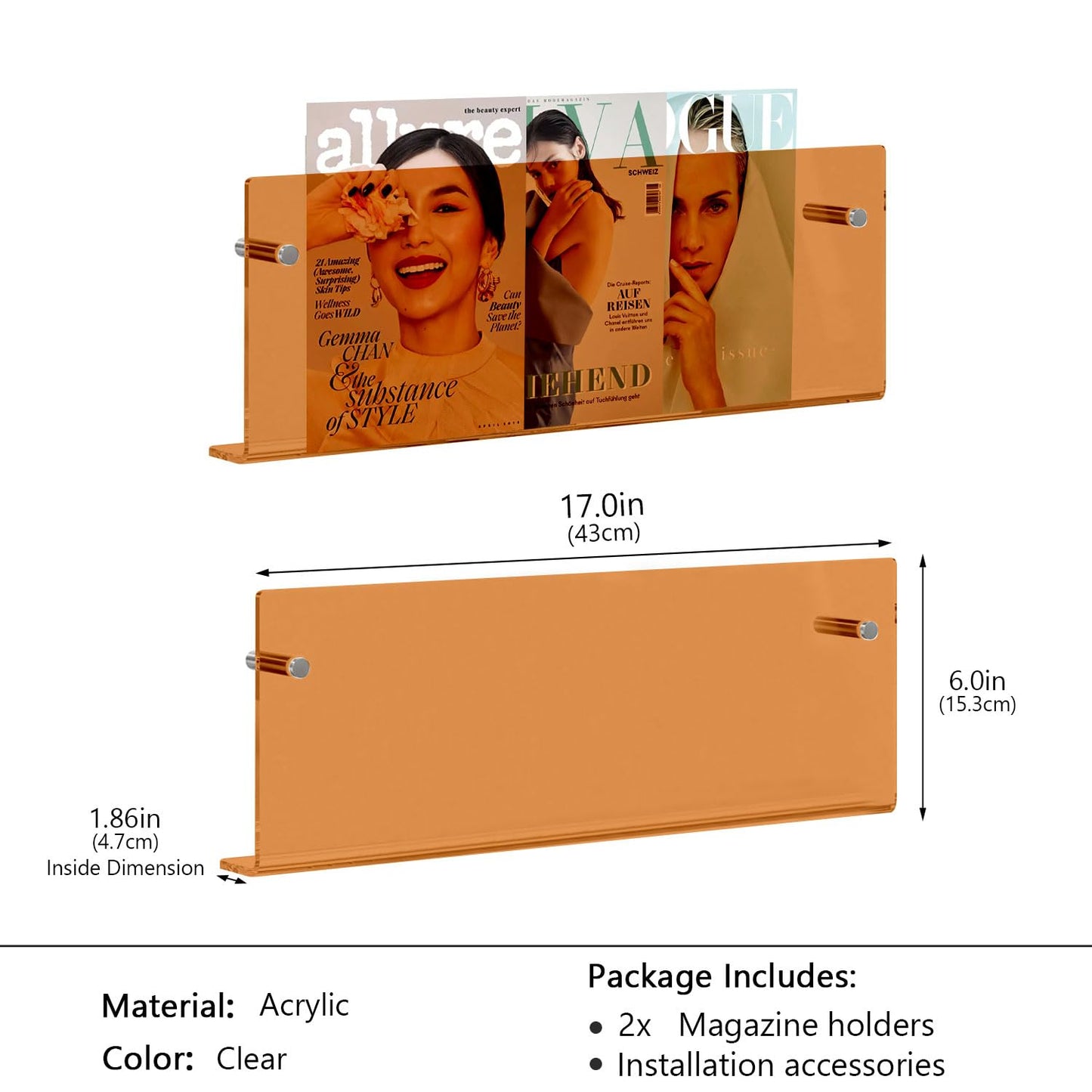 JOTNGDJBN Acrylic Magazine Holder, 2 Pack Hanging Bookshelf Magazine Rack, Floating Bookshelf Brochure Display Organizer for Home, Office, Reception Area(Orange, 17 Inch)
