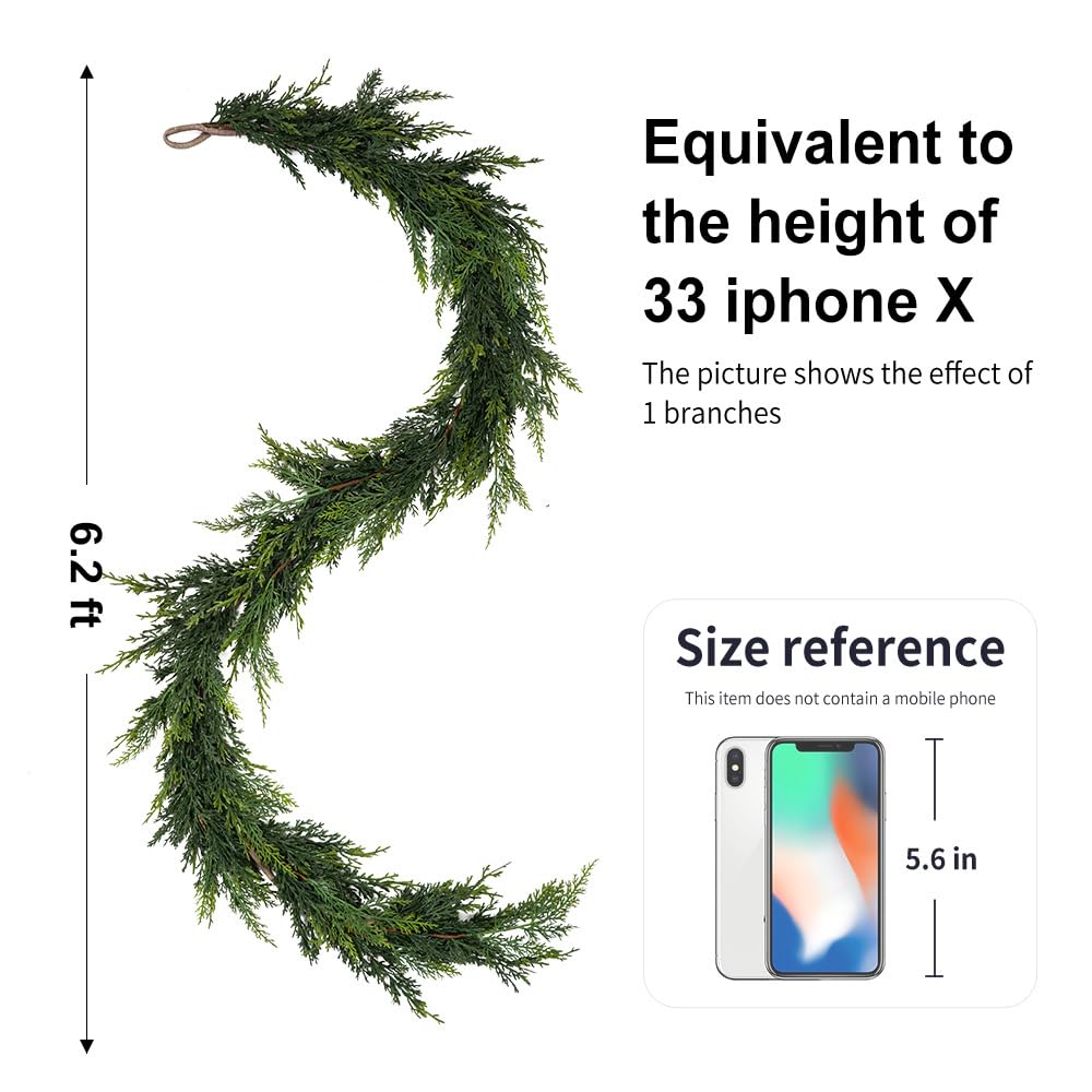 Christmas Cedar Garland,1Pcs 6ft Real Touch Cedar Pine Garland for Mantle Fireplace Outdoor Indoor Christmas Decorations