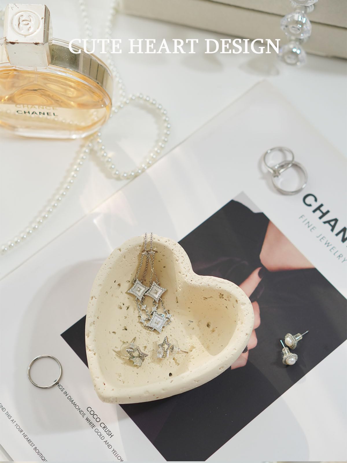 DINLiAN S Concrete Ring Holder Dish,Jewelry Dish Tray,Decorative Trinket Dish Vanity Tray,Cute Heart Jewelry Organizer for Woman Room Table Decor (beige heart)