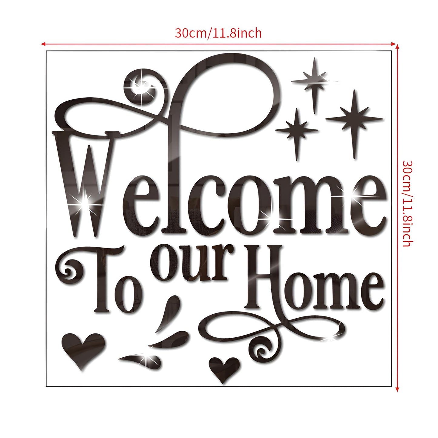 INCAUCA Welcome to Our Home Wall Decor Sticker, Home Acrylic 3D Mirror Wall Decal, Removable Art Letter Sign, Wall Door Quote Decoration DIY for Living Room Bedroom Sofa TV Background (Black)