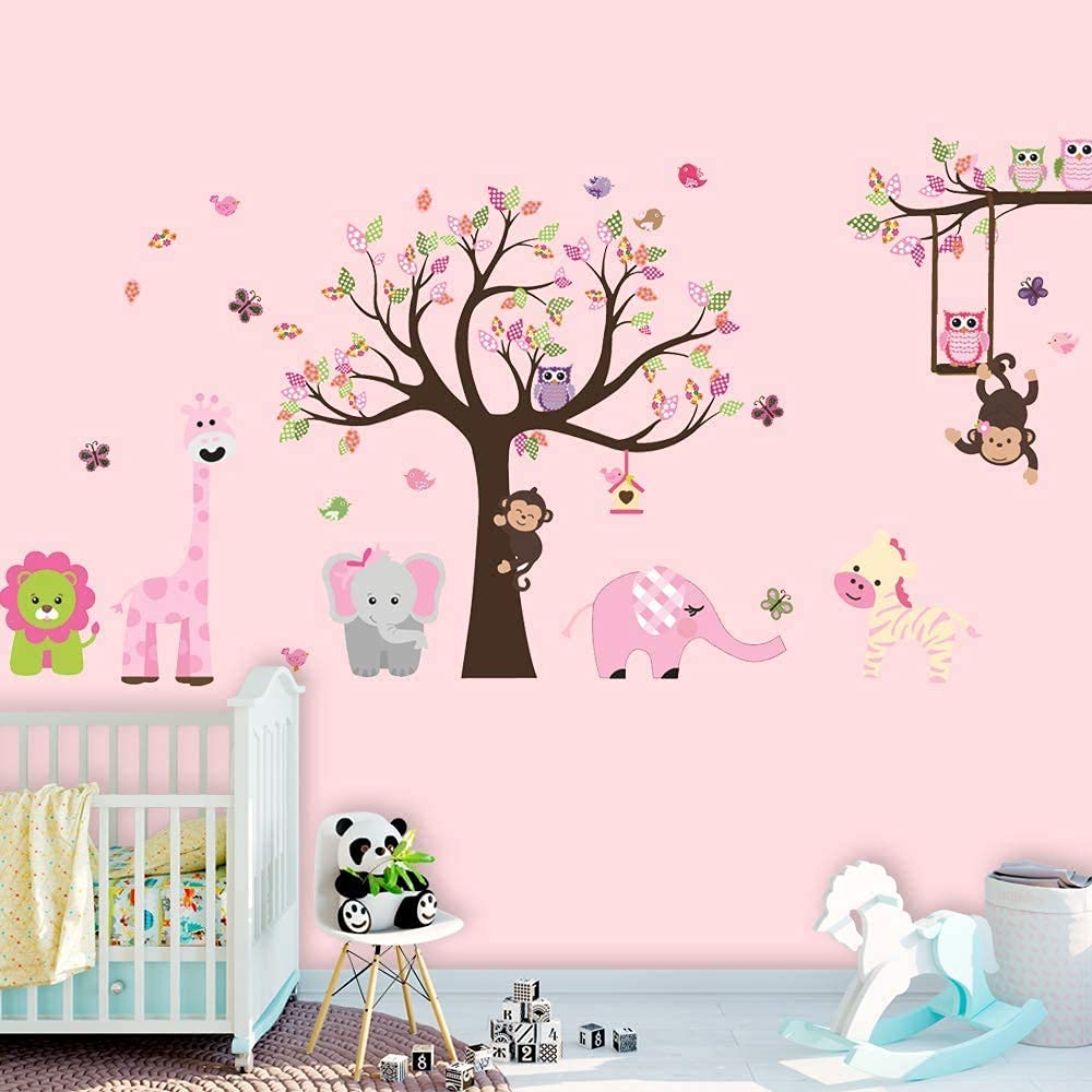 Amaonm Jungle Animal and Tree Wall Decals Removeable DIY Flower Lion Giraffe Owls Wall Sticker Peel and Stick Wall Decor for Nursery Kids Room Bedroom Living Room (B)
