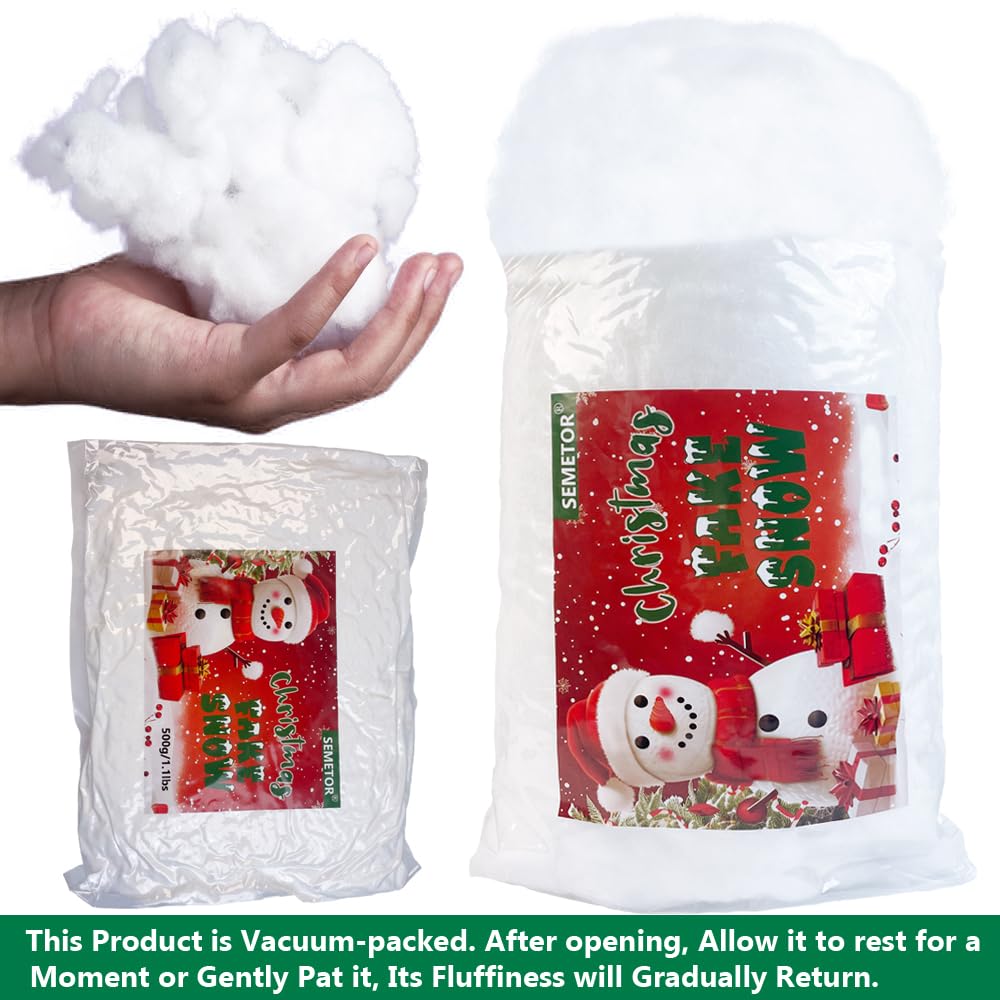 Christmas Fake Snow Decor, 1LB/500g Flame-Resistant & Hypoallergenic Artificial Snow Cotton, Vacuum Sealed for Easy Fluffing, Perfect for Christmas Villages, Mantels, Tree Skirts & Winter Decorations