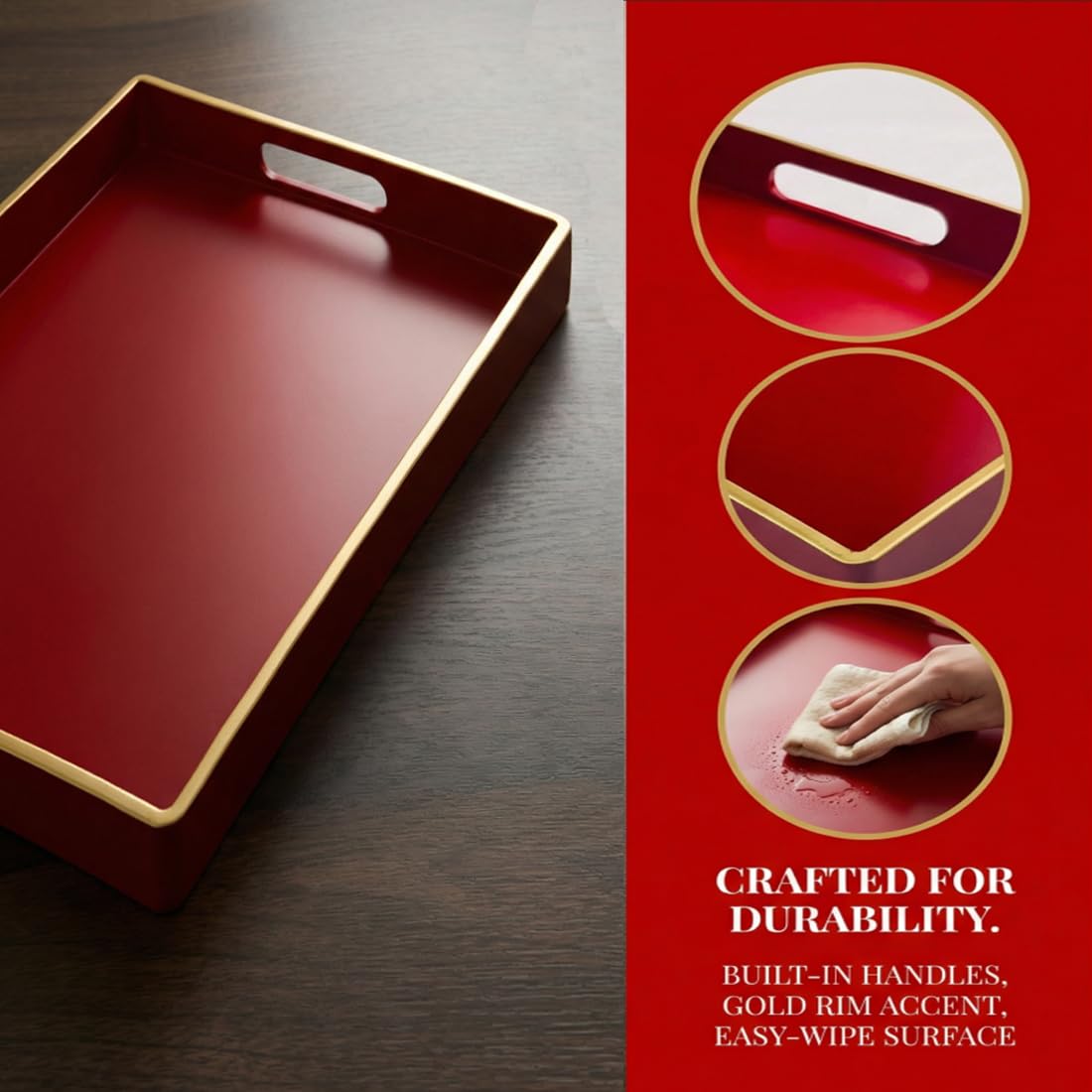 Umisriro Red Decorative Tray, Rectangular Serving Tray with Handles, Plastic Coffee Table Tray for Ottoman, Living Room, Kitchen Tabletop, 15.6” x 10.2” x1.37”