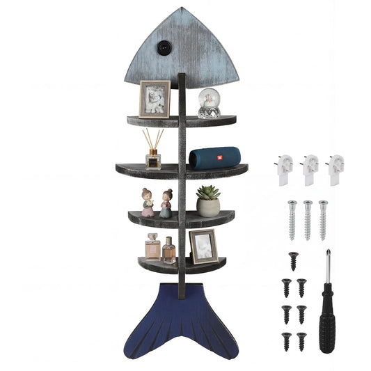 BIOUlurulu Wooden Fish-Shaped Wall-Mounted Floating Shelf Wall Decor, in a Mediterranean Vintage Style, Suitable for Living Rooms, Bedrooms, Kitchens, and Other Spaces.