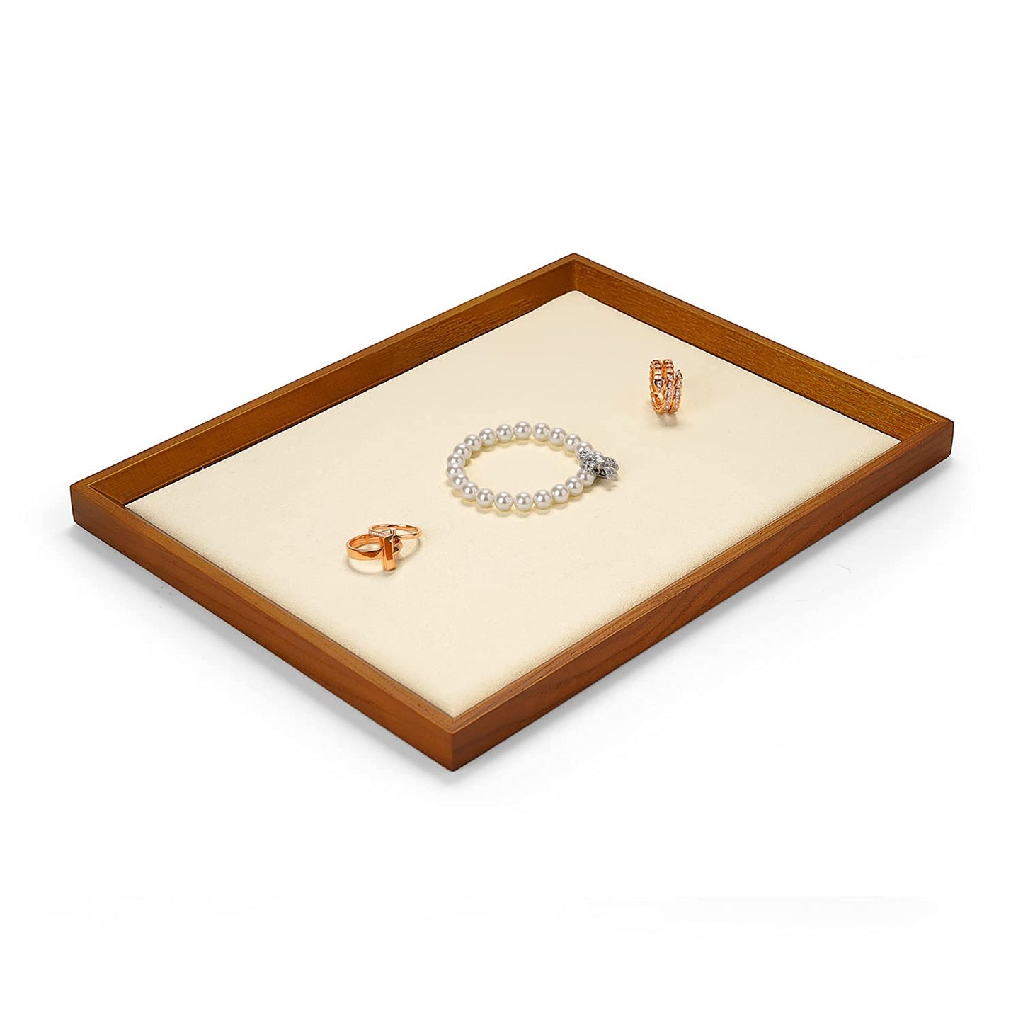 Oirlv Solid Wood Flat Jewelry Tray, Rectangle Jewelry Display Tray, Drawer Dresser or Nightstand Organizer, Microfiber Valet Plate, Catchall Plate(Creamy-White, Large)