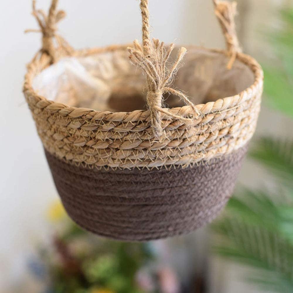 Flueyer 2 Pack Jute Rope Hanging Planter Basket, Rattan Woven Plant Hanger with Plastic Liner Macrame Plant Holder Storage Organizer for Plants Indoor Outdoor