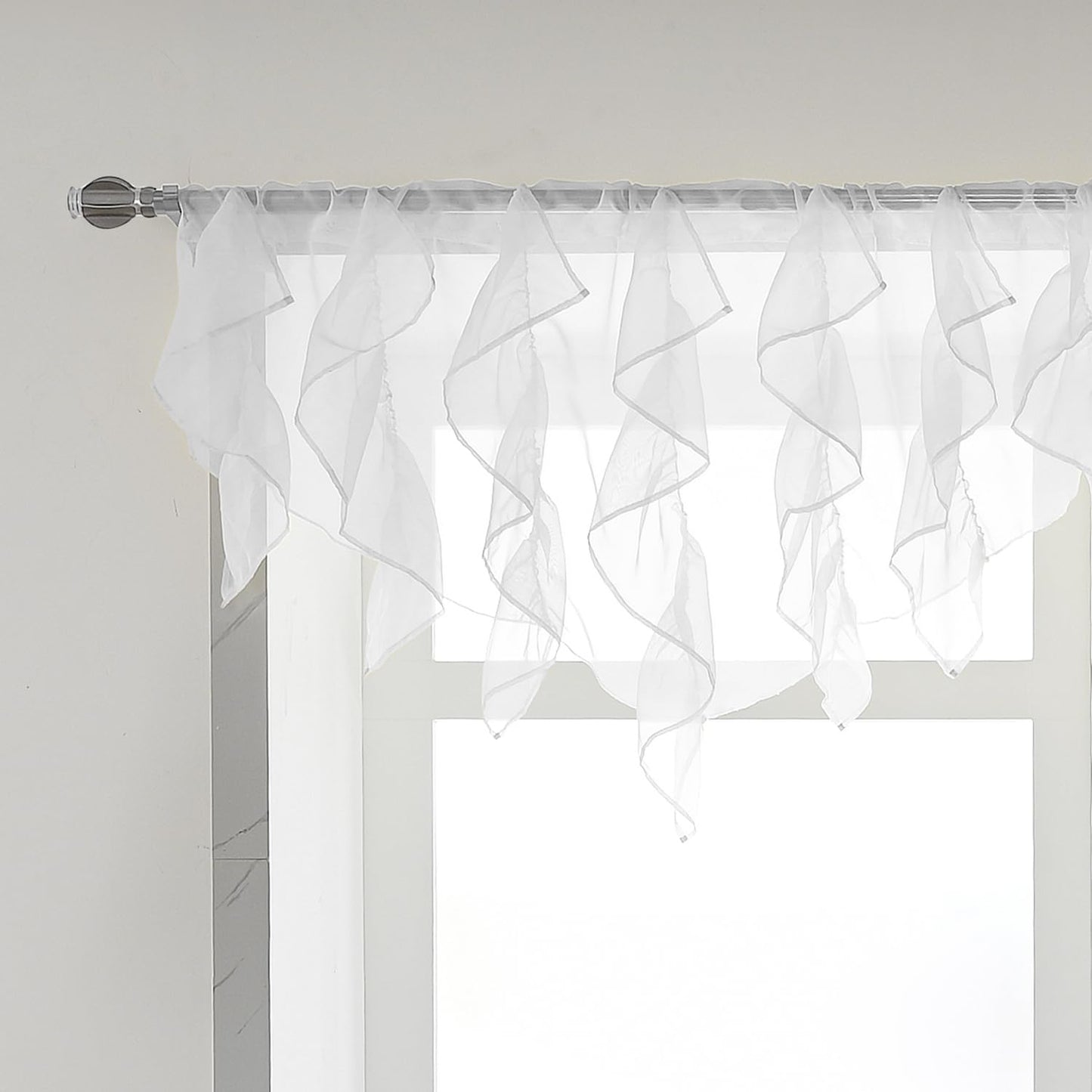 PearAge Ruffled Voile Semi Sheer Curtain Valance, Kitchen Living Room Shabby Chic Ruffle Valance Curtains, Girls Daughters Bedroom Cascade Window Valance 52x26 Inches (White-Triangle)