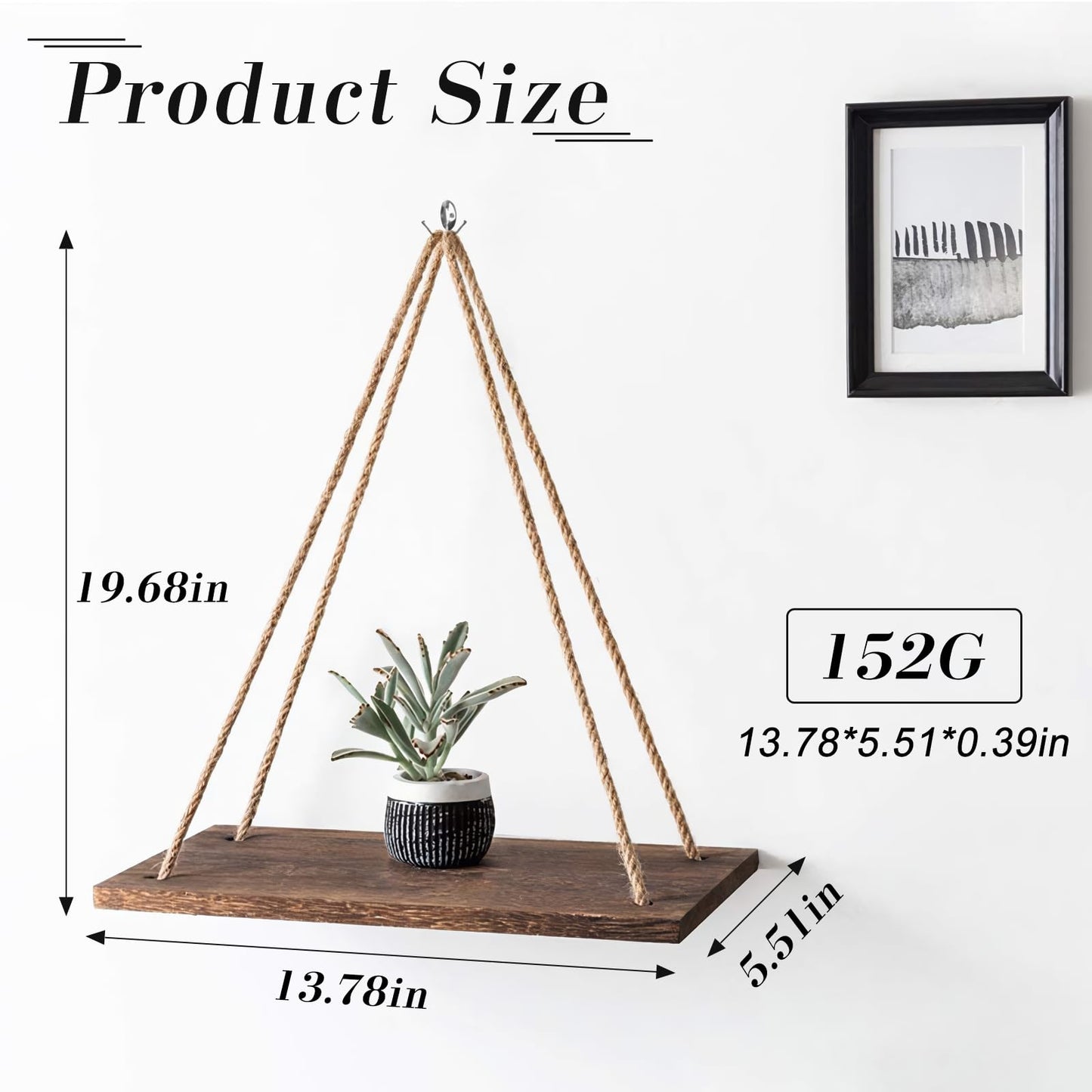FuninCrea Hanging Shelves for Wall, 13.7×5.5 Inch Rustic Wood Floating Shelves with Swing Rope, Decorative Hanging Wall Shelf Photo Plant Display Shelf for Living Room Bedroom (Dark Brown)