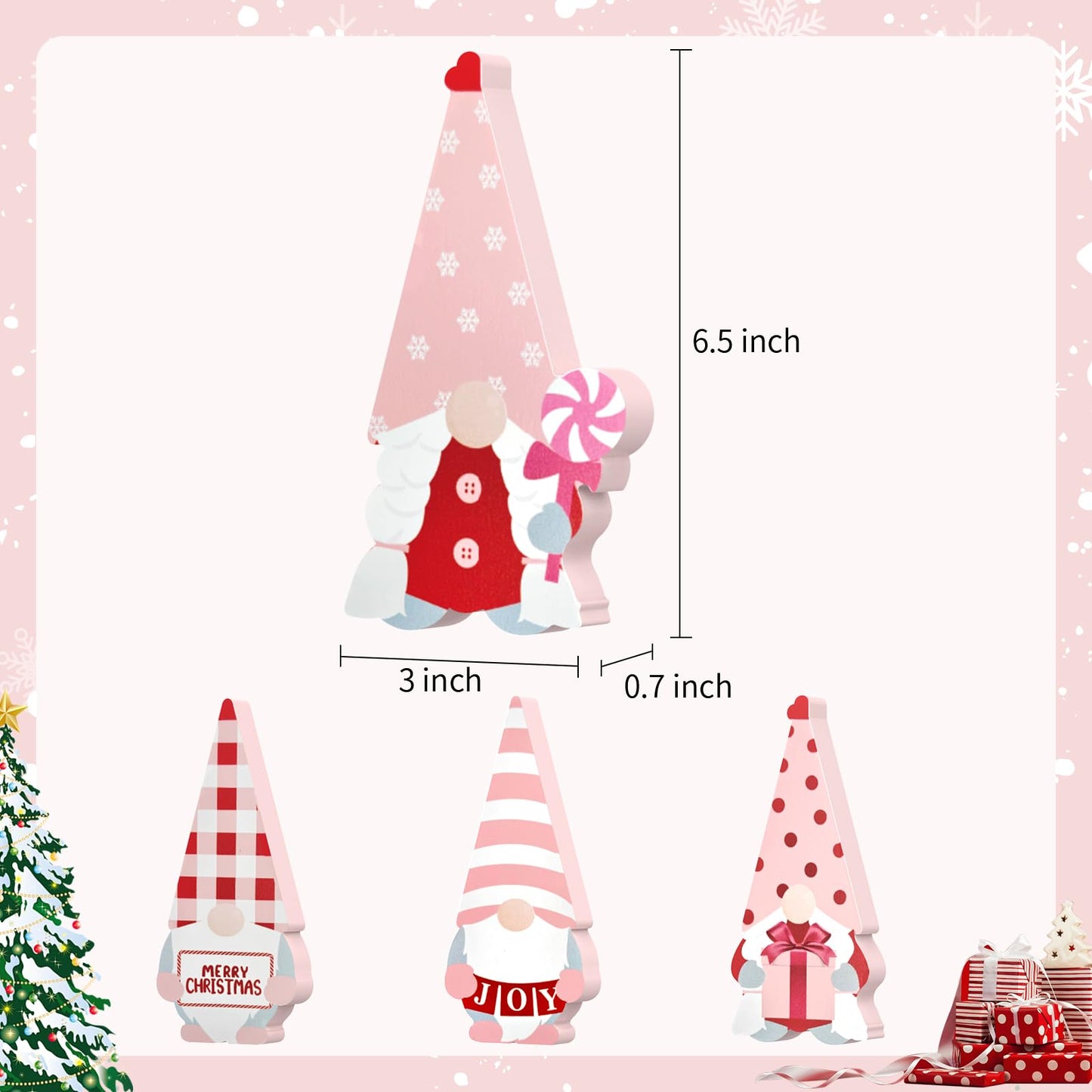 LXDNBGO Christmas Gnomes Decorations - Set of 4 Cute Pink Wooden Gnomes Decor, Christmas Table Decor Indoor for Home Office Bedroom Shelf Tiered Tray Desk Mantel