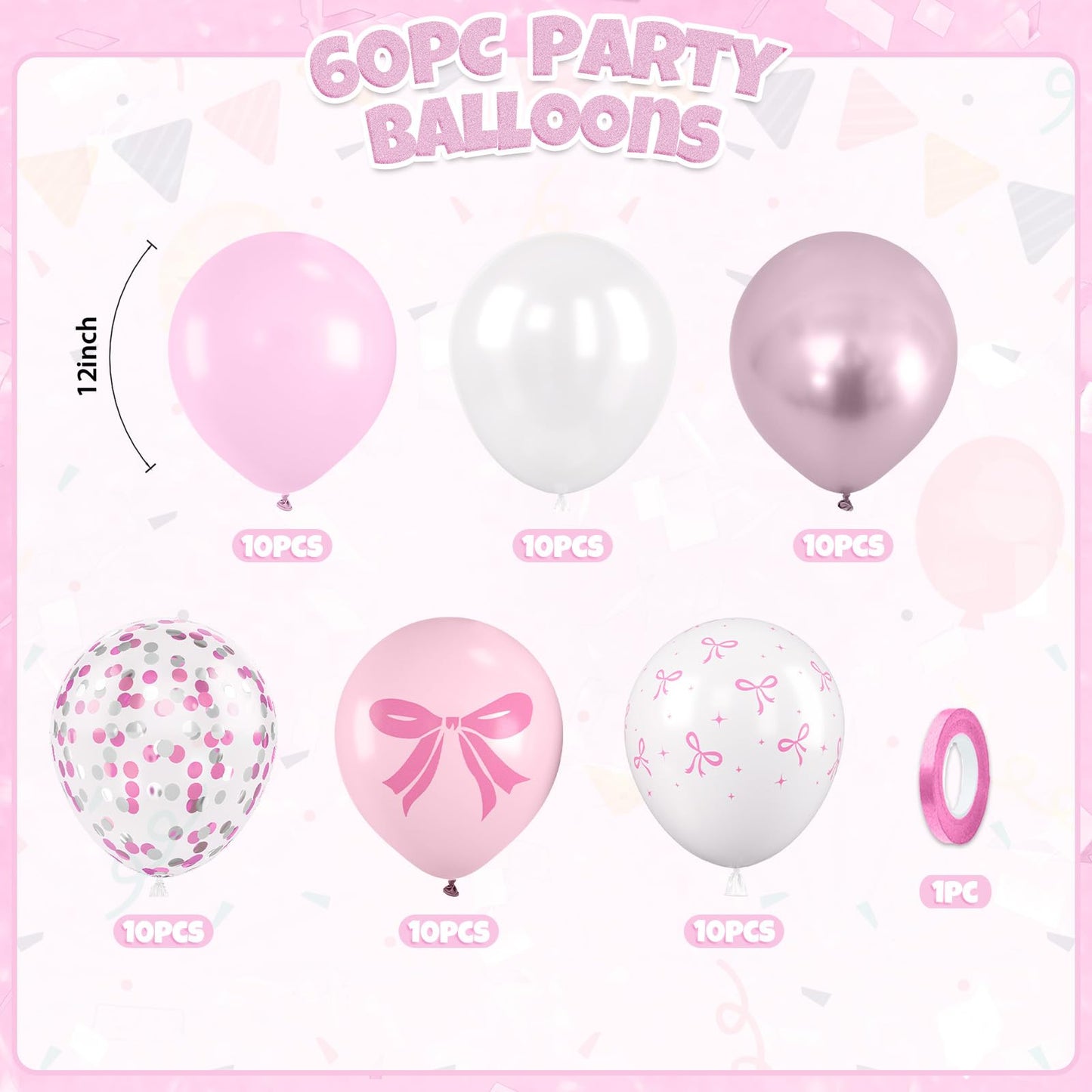 Pink Bow Balloons, 60pcs Pink and White Balloons, Bow Printed Balloon Metallic Confetti Balloon For Girls Women Princess Coquette Birthday Bridal Baby Shower Party Engagement Wedding Anniversary Decor