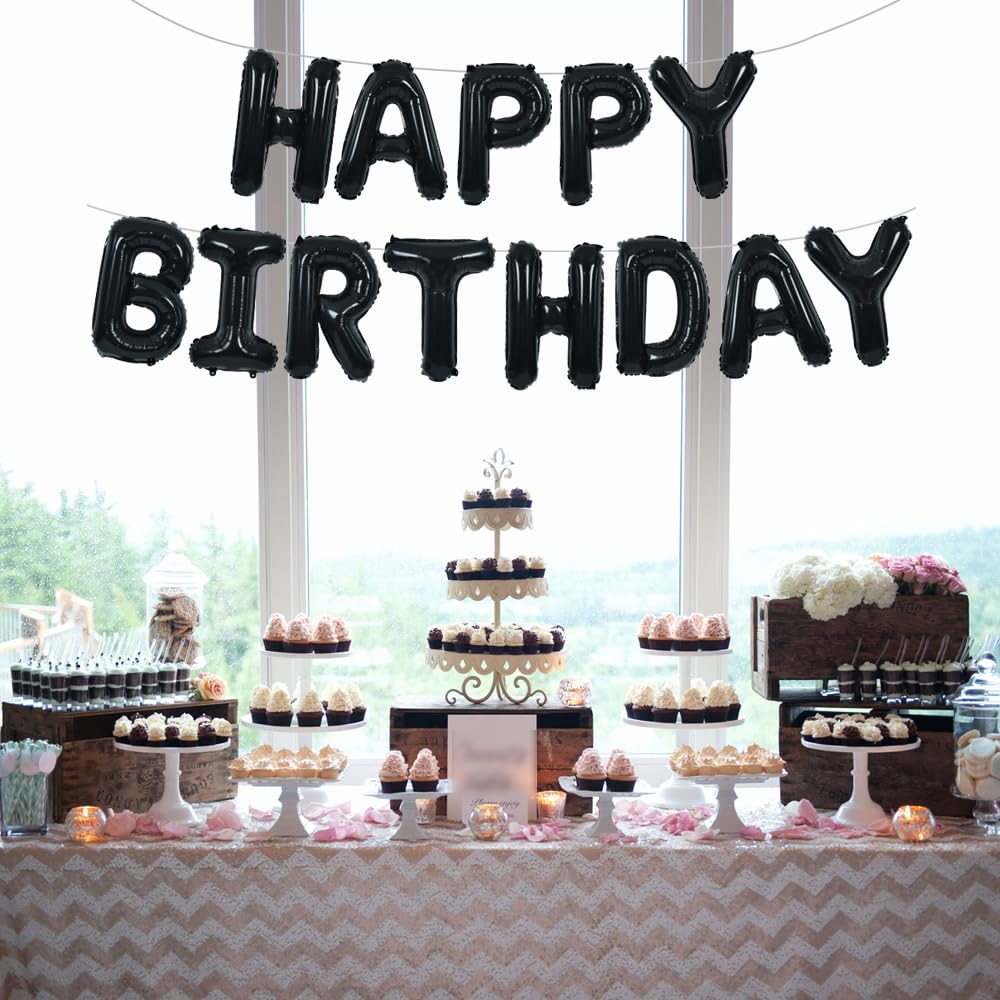 TONIFUL Black Happy Birthday Balloons Banner 16 Inch Mylar Foil Letters Birthday Sign Banner Bunting Reusable for 30th 40th 50th 60th Adults and Halloween Supplies