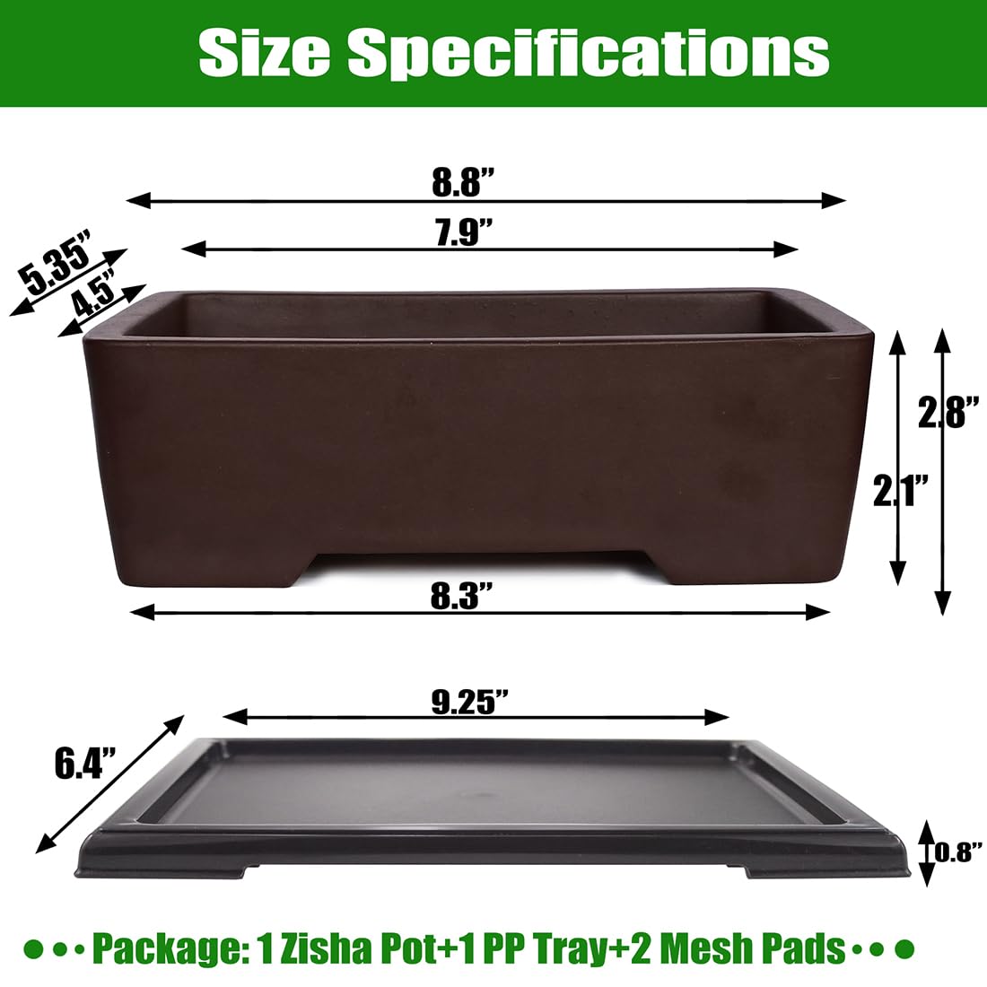 MUZHI Unglazed Zisha Bonsai Pot with Humidity Tray, Rectangle Bonsai Tree Planter with Drainage for Ficus, Succulent etc. (Classic Rectangle)