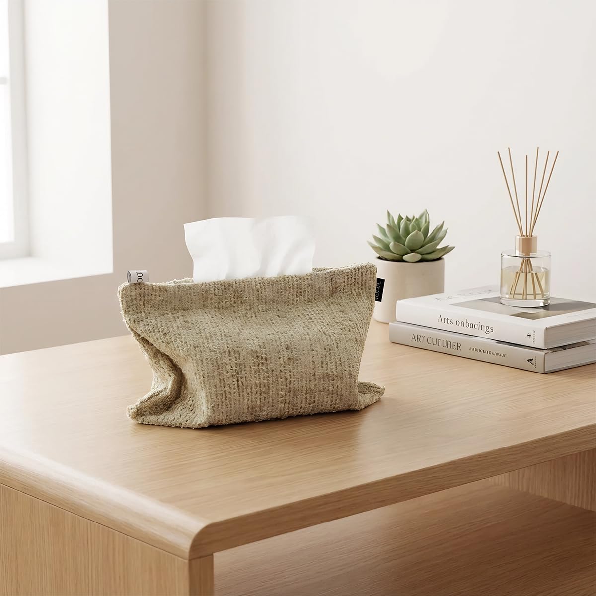 Nordic Forest Style Tissue Holder Bag Soft Khaki Chenille Fabric Pocket Tissue Holder Reusable Decorative Holder Decorations for Home Office Bathroom Car 10.6×7 inches