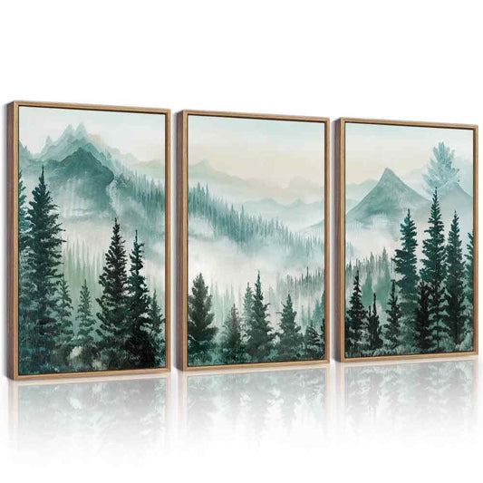 KUVIOKE Fog Pine Tree Mountain Landscape Framed Wall Art Watercolor Nature Misty Forest Painting Vintage Farmhouse Rustic Wall Decor for Bedroom Hallway 16x24in (Natural Framed)