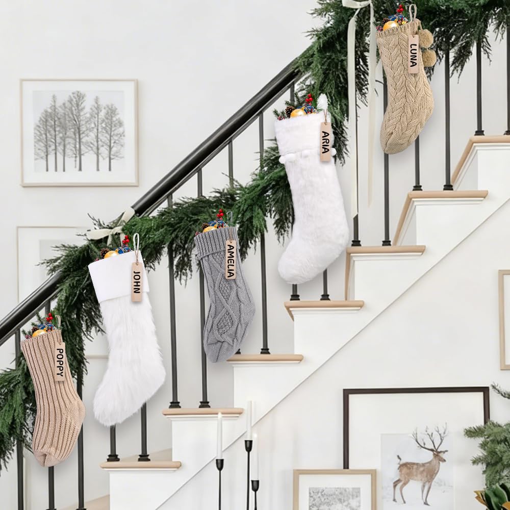 Teeanzo 5 Packs Brown Christmas Knitted Hanging Stockings,Xmas Large Farmhouse Rustic Neutral Cable Knit Personal Stockings Decorations for Christmas Tree Fireplace Family Holiday Party Decor