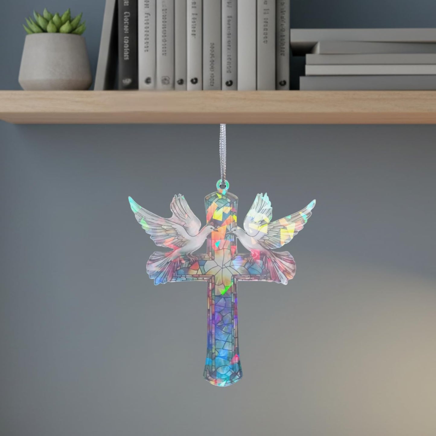 Christian Gifts for Women - Memorial Gifts - Cross Decor – Hologram Acrylic Suncatcher Hanging Decoration – Shimmering Cross with Doves for Window, Christmas Tree, Religious Gifts, Gifts for Mom Girl