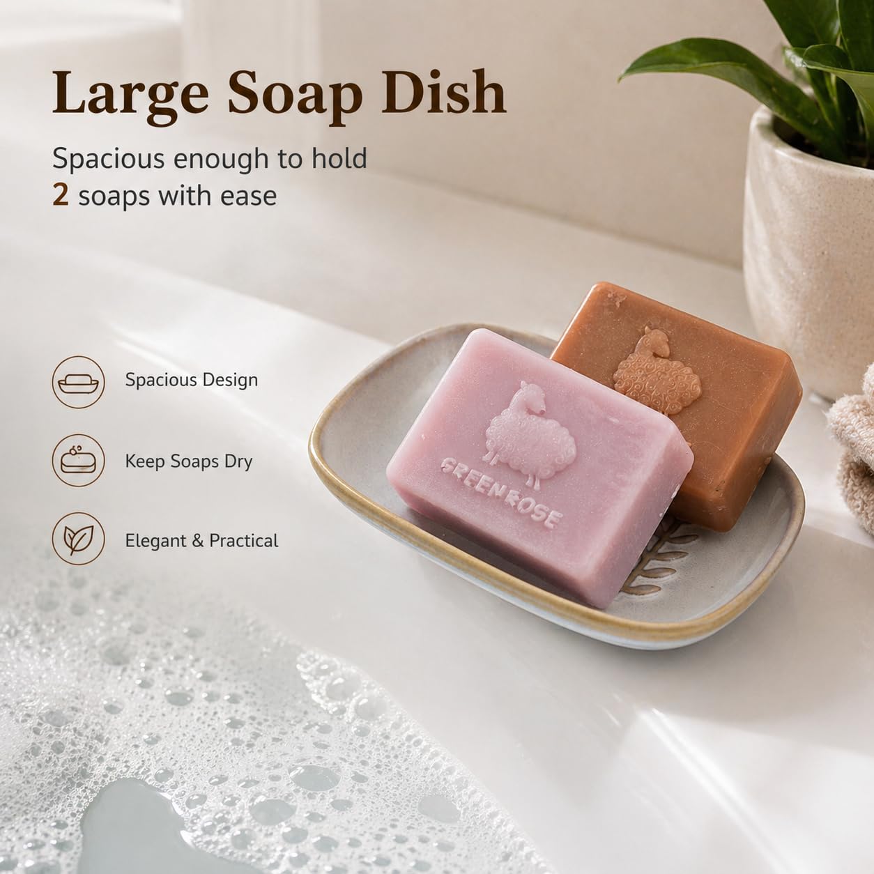 Miamolo Soap Dish Bar Cleaner Dish for Shower, Ceramic Soap Dishes for Large Soap Bar Shampoo or Sponge, Shower Soap Dish Soap Saver Tray for Bathroom Kitchen Sink, Easy to Clean