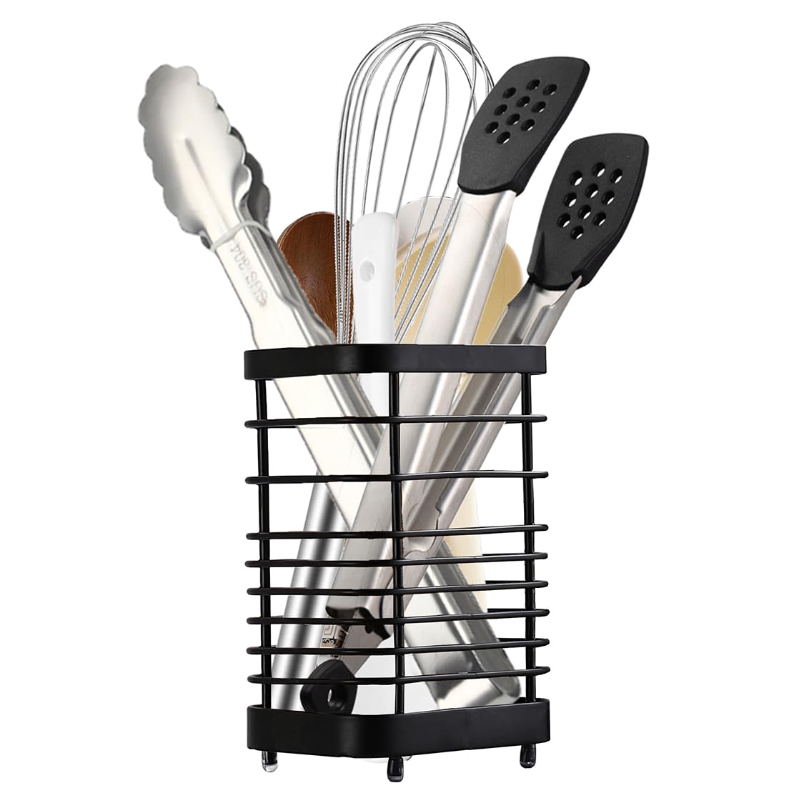 KEINEUX Utensil Holder Kitchen Countertop Organizer, Cutlery Drainer Sink Caddy Storage Drying Rack for Silverware Flatware and Cookware Stainless Steel(Black-L)