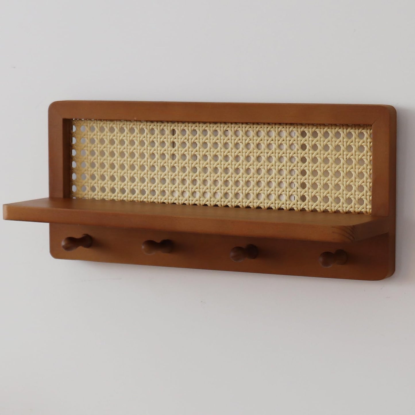 FRIADE PE Rattan Coat Rack Shelf Wall Mounted with 4 Hooks, Decorative Coat Hook Rack with Floating Shelf for Entryway, Nursery, Mudroom, Hallway, Kitchen, Office (Retro Brown)