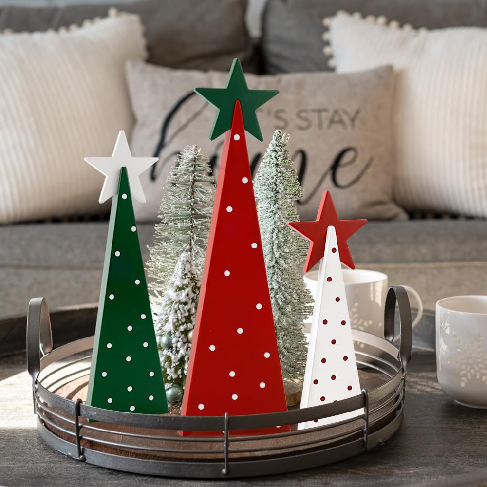Christmas Decorations Indoor, Christmas Decor - 3 PCS Wooden Xmas Tree Signs with Stars for Home, Table, Fireplace Mantel, Shelf, Office Desk, Party Decor - Xmas Holiday Decorations