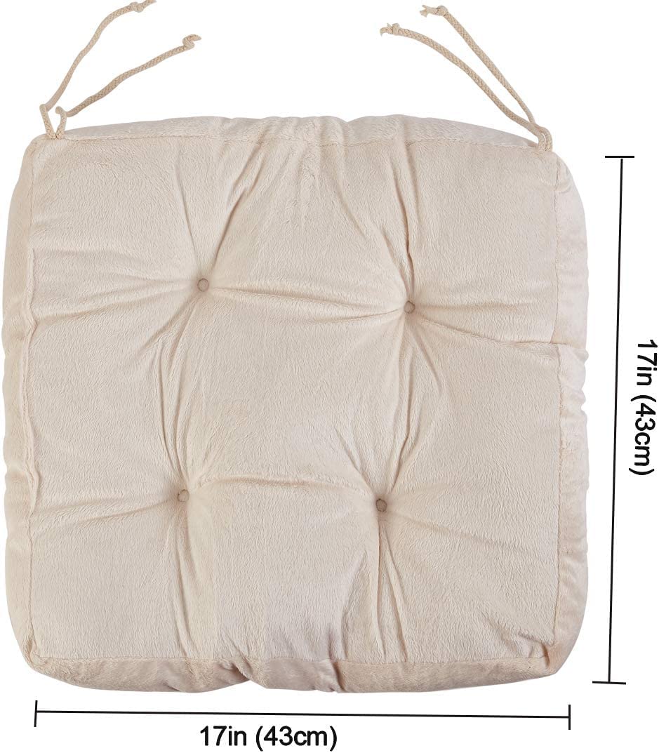 Big Hippo 17x17 Chair Pads with Ties - 1.95" Thick Tufted Seat Cushion for Tailbone Pain Relief - Machine Washable Square Chair Pillow for Hard Wooden Dining Chairs & Office Desk (Beige)
