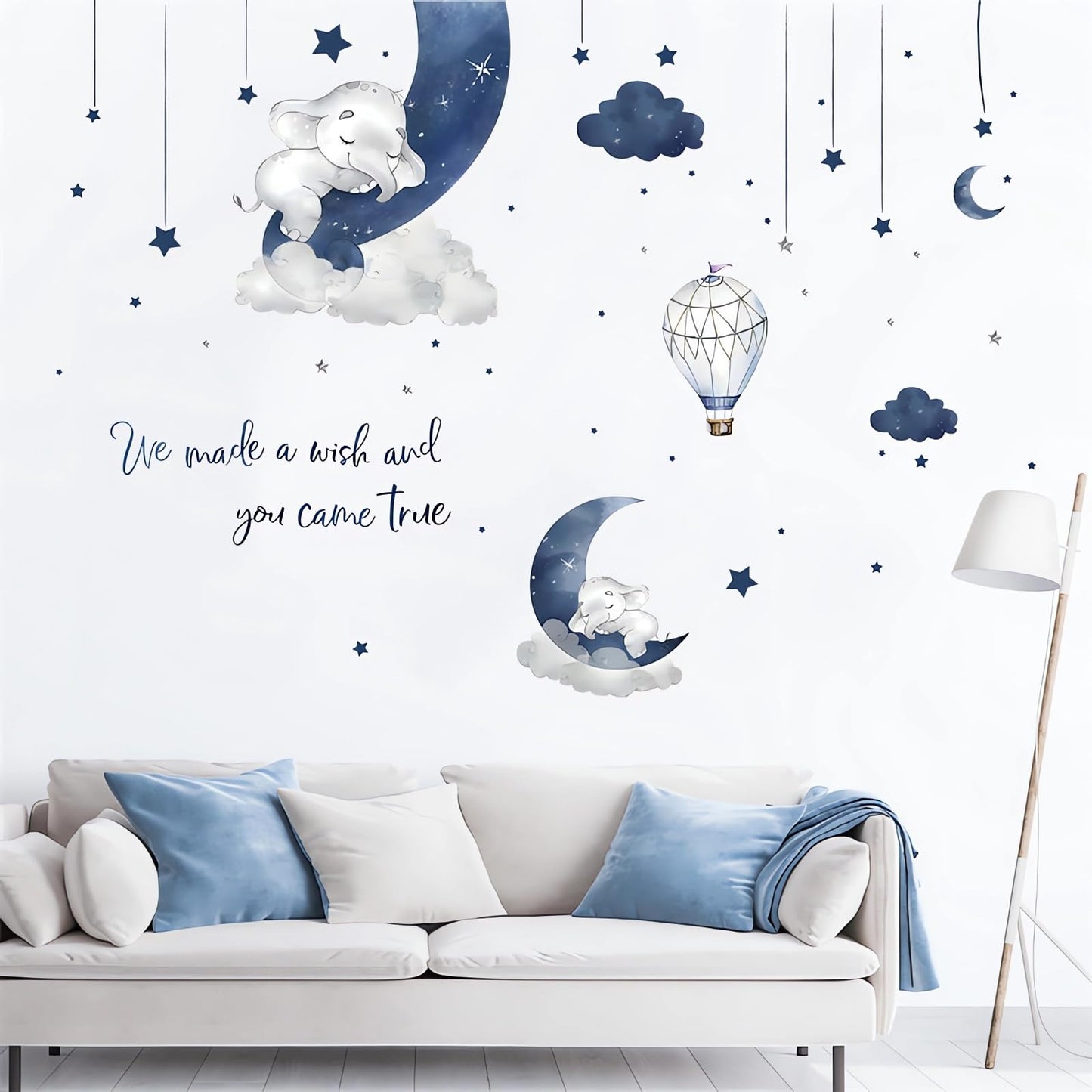 Dream Blue Grey Sleeping Baby Elephant Wall Sticker, sacinora Moon Star Cloud Warm English Phrase Wall Decal Removable Vinyl Peel and Stick for Kid Baby Boy Nursery Bedroom Toddler Room Art Home Decor