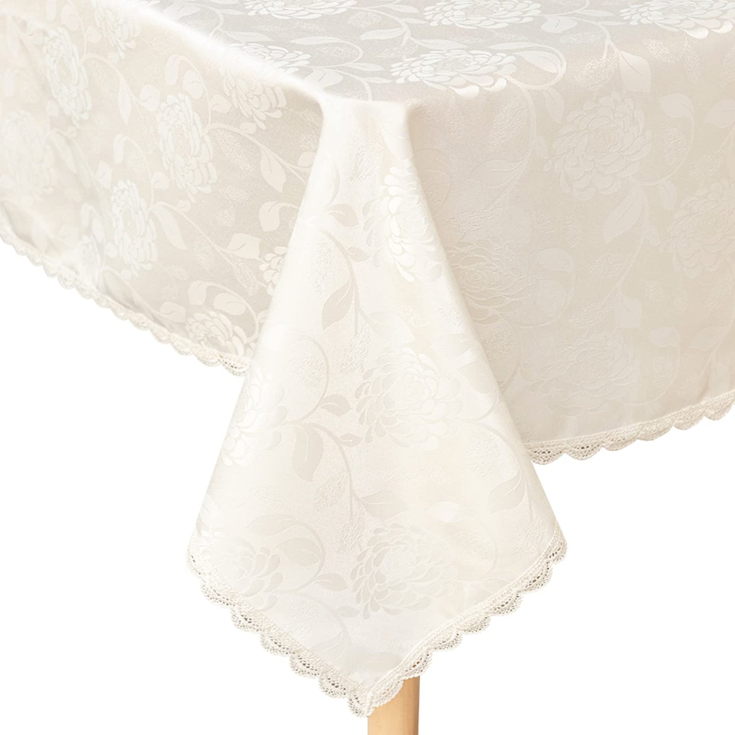 GLORY SEASON Textured Tablecloth Waterproof Spillproof Lace Trim Rectangle Jacquard Fabric Table Cloth, Kitchen Dinning Tabletop Decoration, Round Table Cover for Outdoor Use 55 x 70 Inch, Ivory White