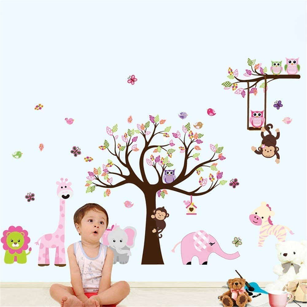 Amaonm Jungle Animal and Tree Wall Decals Removeable DIY Flower Lion Giraffe Owls Wall Sticker Peel and Stick Wall Decor for Nursery Kids Room Bedroom Living Room (B)