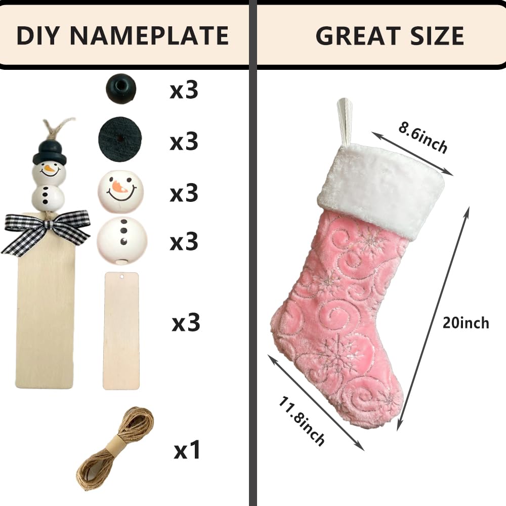 AOGU 3Pack 19 Inch Sequin Faux Fur Christmas Stockings Sequin Snowflake Hanging Ornaments Candy Gift Bags for Christmas Decorations Pink