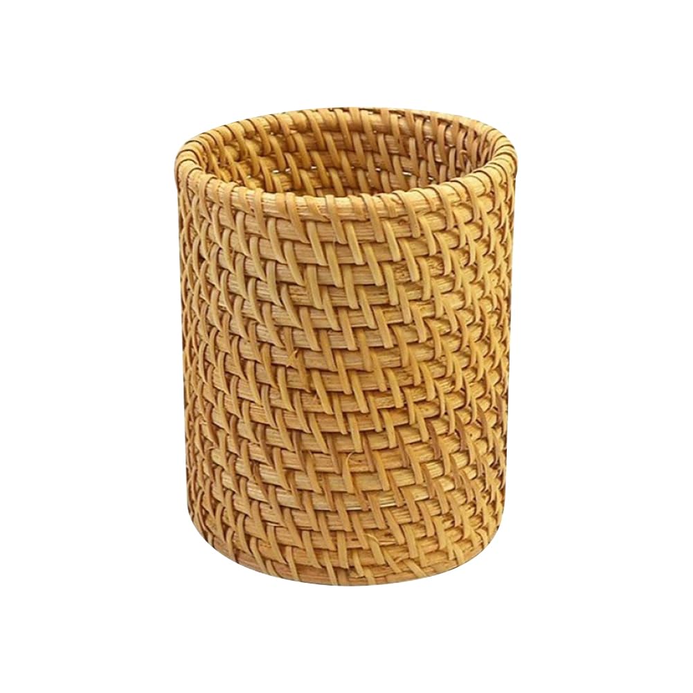GSHLLO Round Wicker Basket Pencil Holder Boho Rattan Pen Holder Small Office Desk Organizer Cup Vanity Storage Cup Make up Brushes Storage Organizer for Home