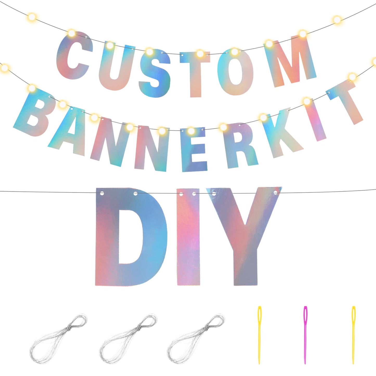 TaoBary 112 Pcs DIY Letter Kit Glitter Customizable Banner Letters Include 107 Letters and Numbers 3 Rope and 2 Needles for Birthday Halloween Christmas Wedding Valentine Party Decor(Holographic)