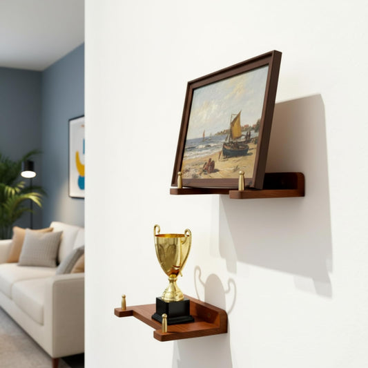Chunful 1 Piece Wall Plate Hanger for 6-16 Inch Plates, Includes 1 Acacia Wood, 2 Brass Columns & 2 Screws, Decorative Wall Mount Display Holder for Plates, Frames, Certificates, Artwork