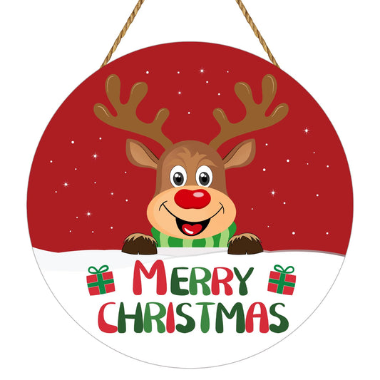 Christmas Door Decorations Merry Christmas Sign Cute Reindeer Wall Decor Wooden Front Door Hanger Reindeer Hanging Sign Wreath for Porch Wall Indoor Home Decor