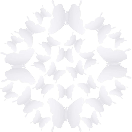BBTO 48 Pieces Butterfly Wall Decor DIY 3D Mirror Butterfly Stickers Removable Decals Crafts for Birthday Party Bedroom School Bathroom Living Room Decor(White)